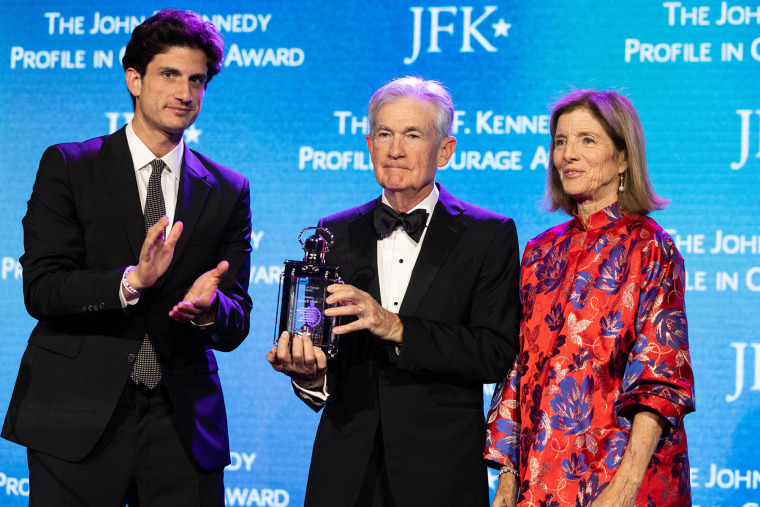 Jerome Powell stands with Caroline Kennedy and Jack Schlossberg after receiving the John F. Kennedy Profile in Courage Award on May 31, 2026 in Boston.